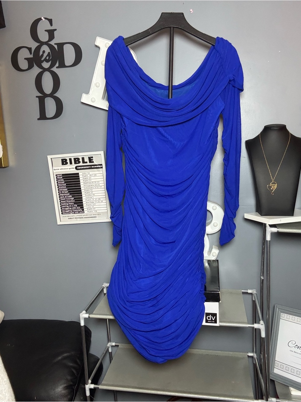 SHEIN Royal Blue Draped Long-Sleeve Ruched Dress